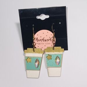 HANDMADE Coffee Lovers Gold & Teal Wooden Travel To-go Coffee Cup Earrings